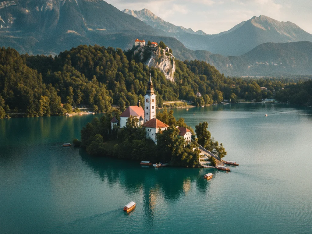 Lake Bled with island church and medieval castle perched on dramatic cliff overlooking turquoise water.