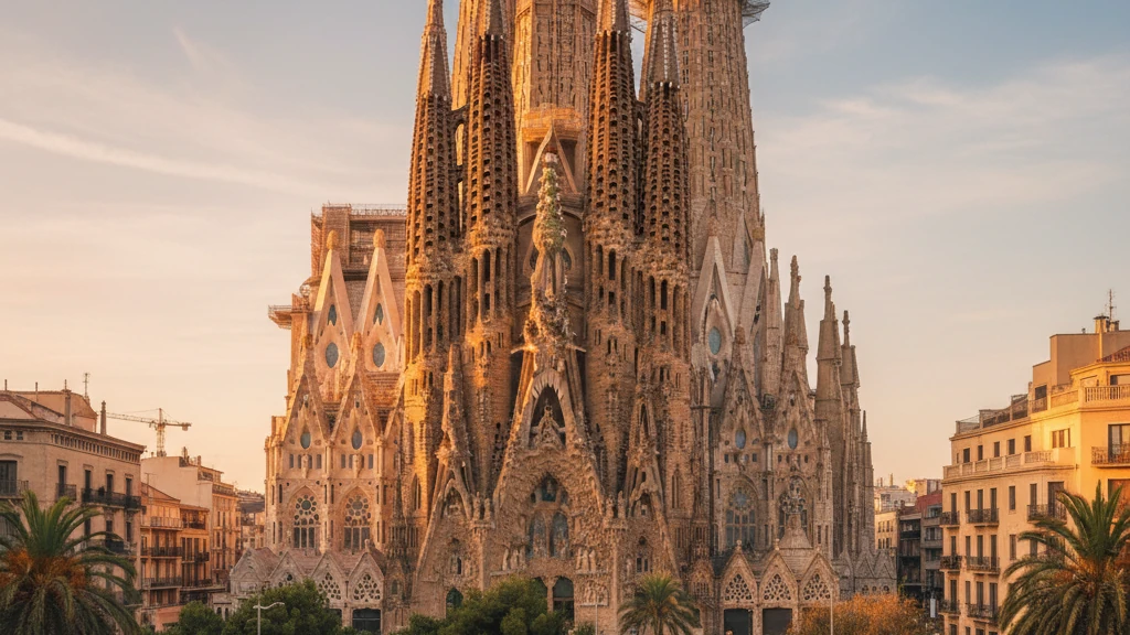 Sagrada Familia's towering spires and intricate stone facades glowing under Barcelona's golden afternoon light.