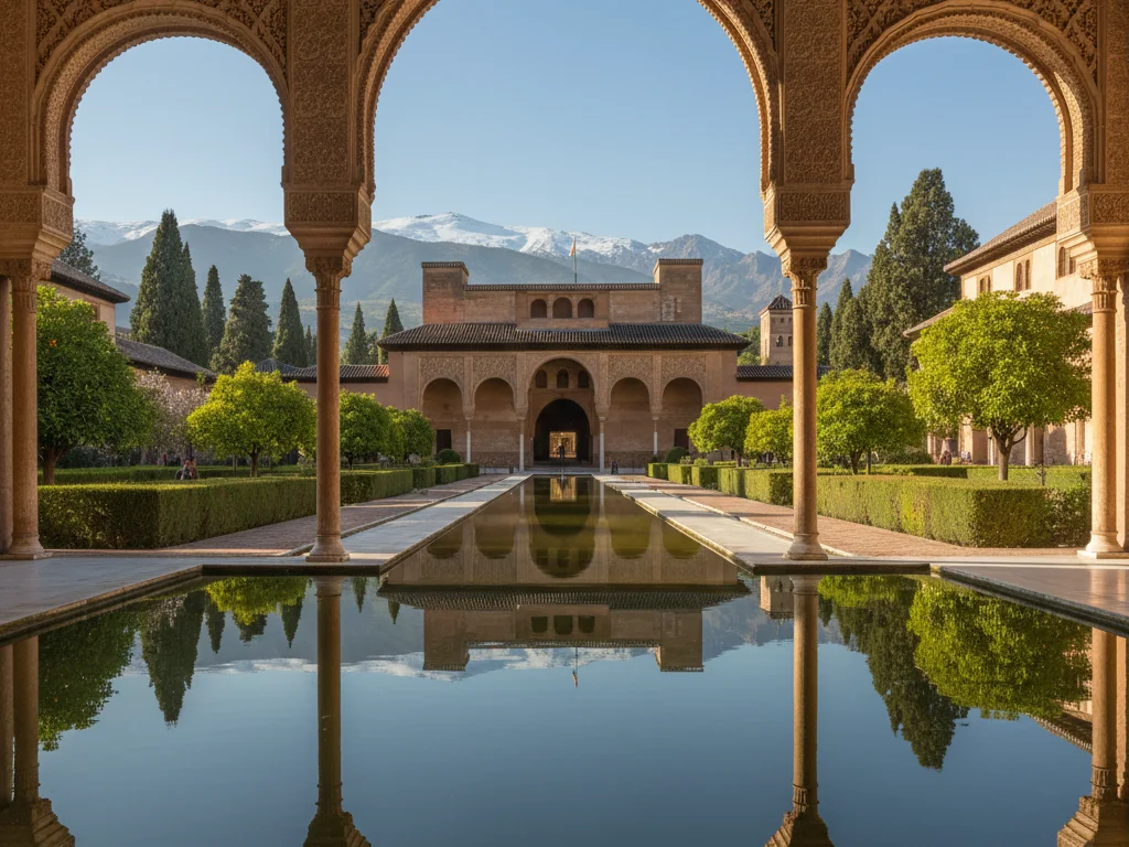 Alhambra's ornate Moorish arches and reflecting pools surrounded by Granada's Sierra Nevada mountain backdrop.