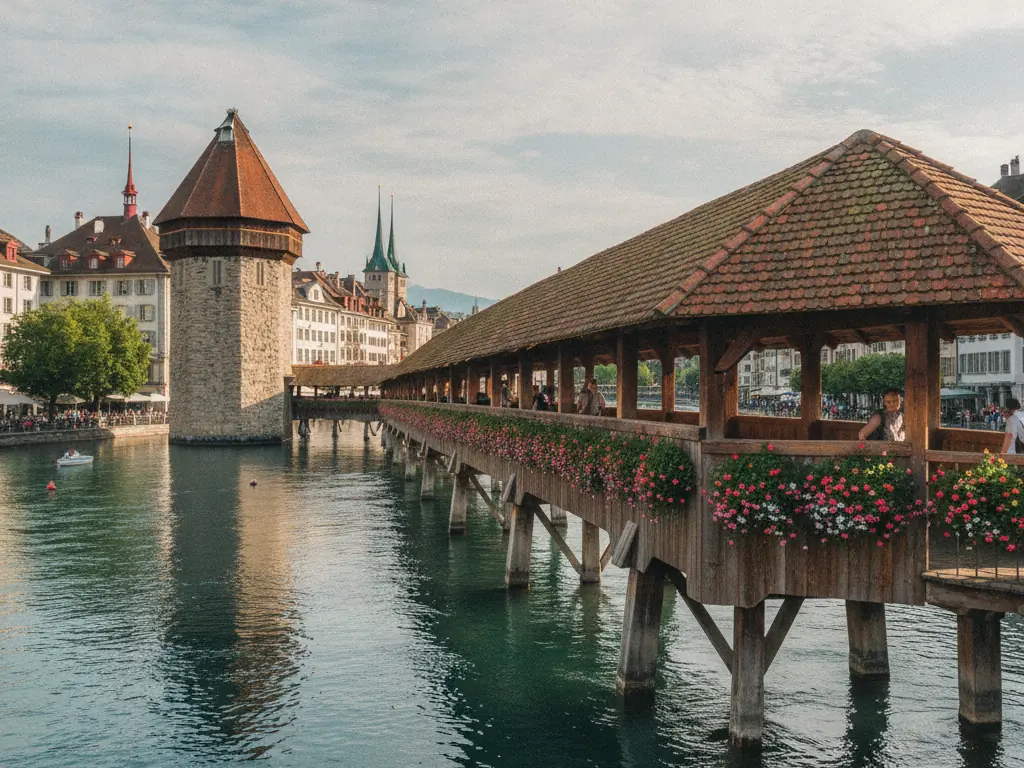 Chapel Bridge's wooden covered walkway spanning Reuss River in Lucerne's old town