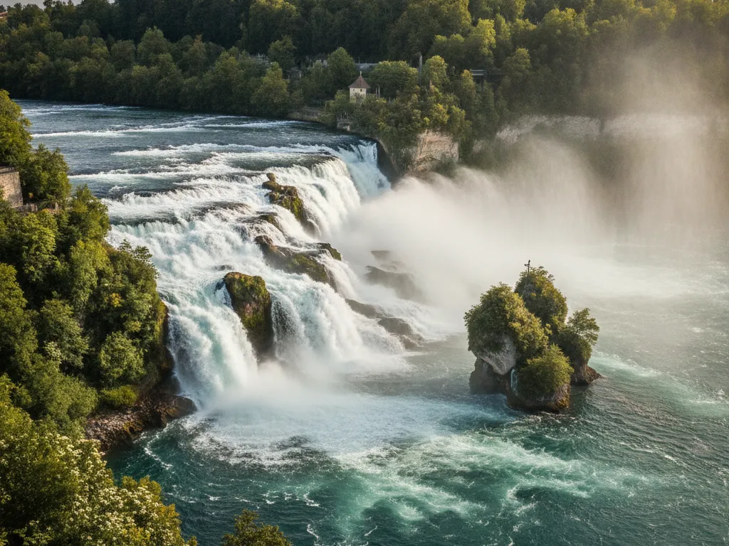 Rhine Falls cascading over rocky ledges with mist rising through lush greenery