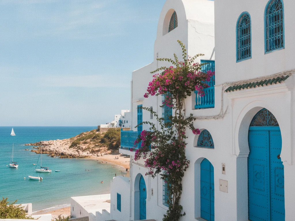Sidi Bou Said's white-washed buildings with blue doors overlook the Mediterranean coastline.