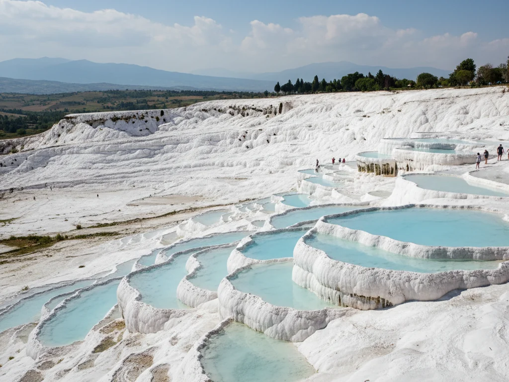Pamukkale's white travertine terraces cascading down hillside with turquoise thermal pools reflecting sky.