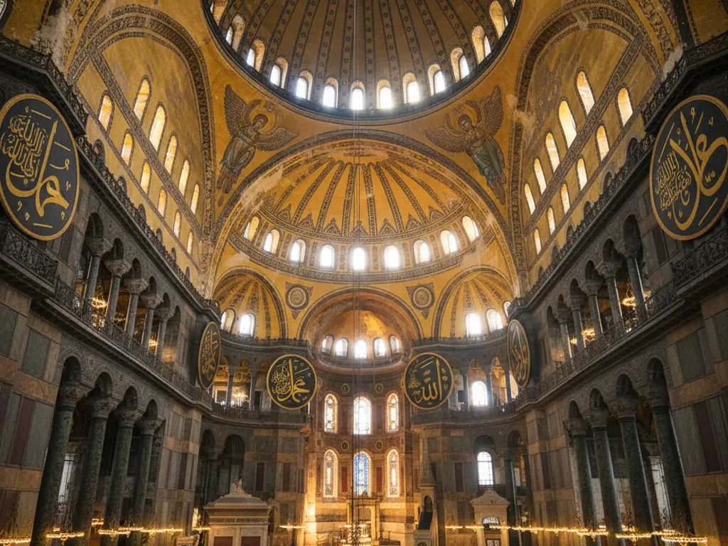 Hagia Sophia's massive dome and Byzantine mosaics illuminated by afternoon light streaming through windows.
