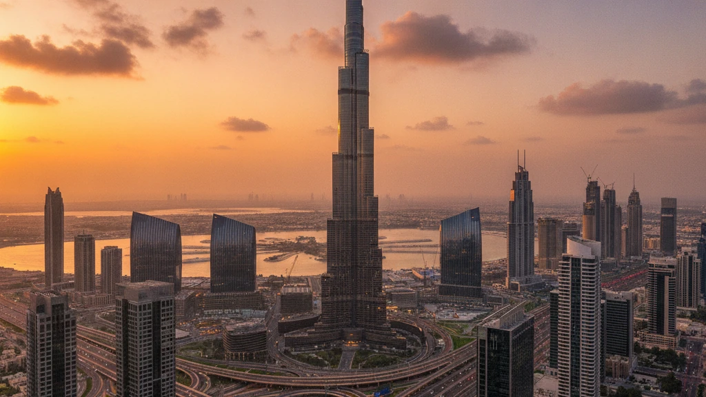 Burj Khalifa tower gleaming against Dubai's modern skyline at golden sunset.