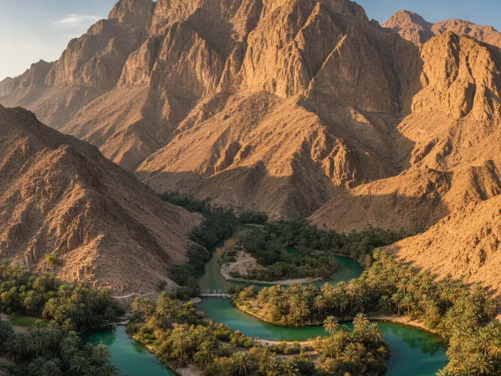 Hajar Mountains' rugged peaks rising dramatically above Hatta's turquoise wadis below.