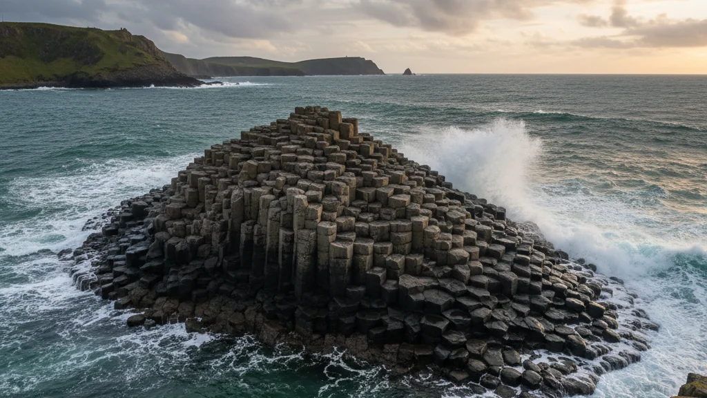 Giant's Causeway hexagonal basalt columns descending into churning Atlantic waters in Northern Ireland.