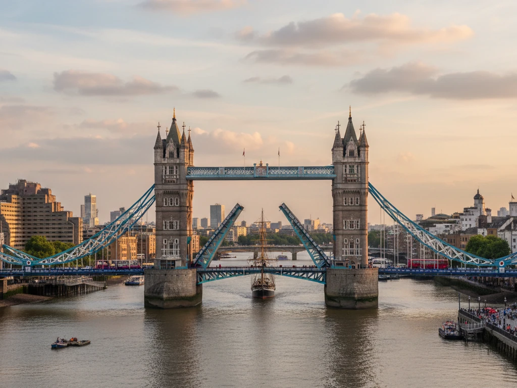 Tower Bridge's twin Gothic towers and blue suspension spans crossing the Thames River.
