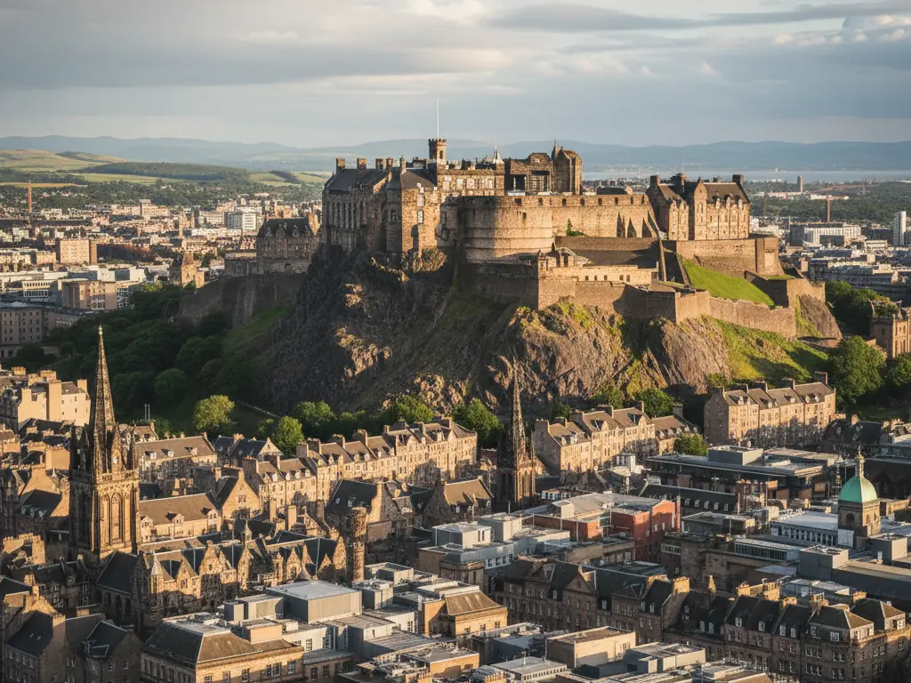 Edinburgh Castle perched on volcanic rock overlooking the Scottish capital's rooftops.