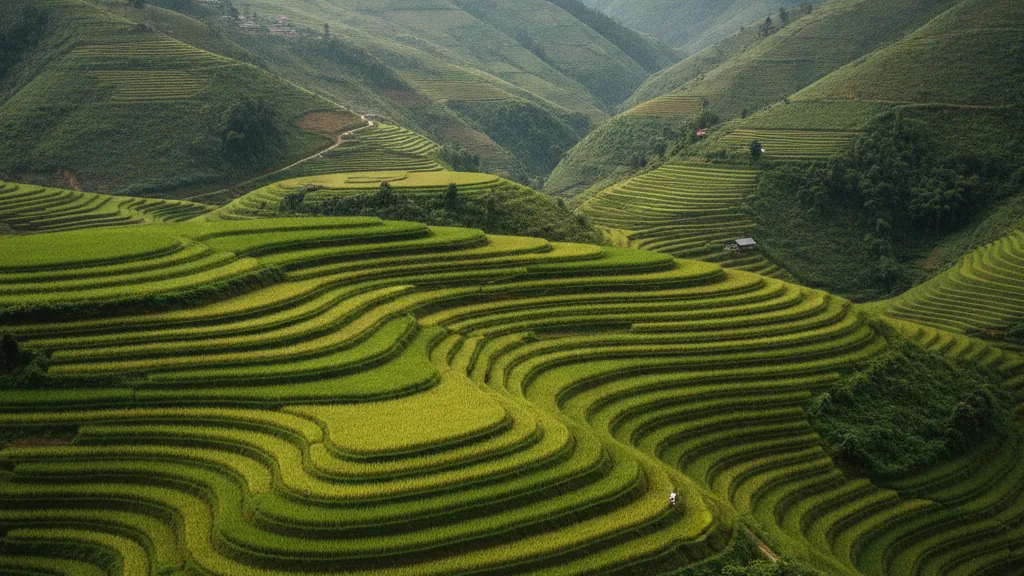Sapa's terraced rice fields cascading down Hoang Lien Son mountain slopes in green layers.