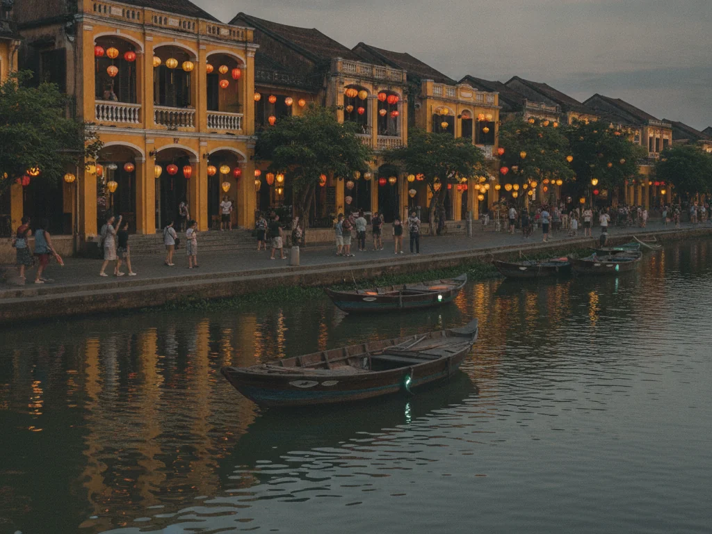 Hoi An Ancient Town's yellow colonial buildings and silk lanterns reflecting in Thu Bon River.